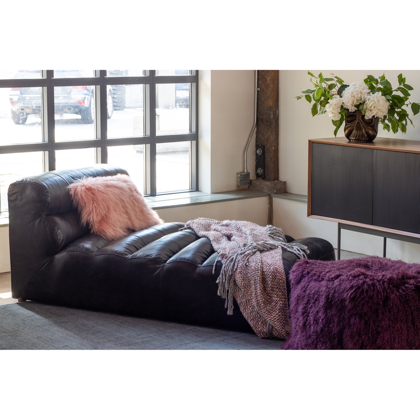 Ramsay Leather Chaise Black