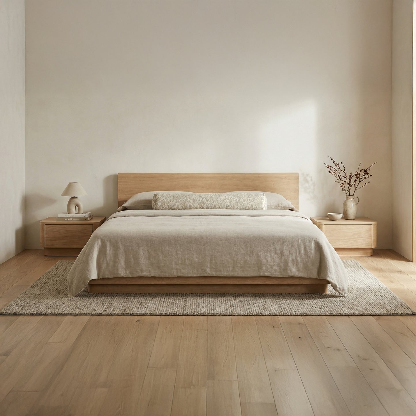 Round Off King Bed Light Oak Brown